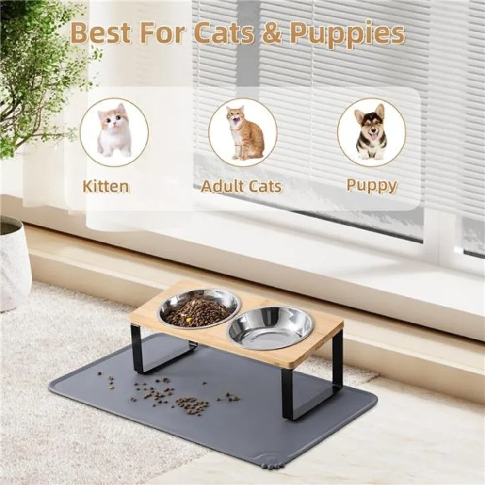 Upgraded Elevated Cat Bowls with Food Mat,15°Tilted Stand Anti Vomiting Raised